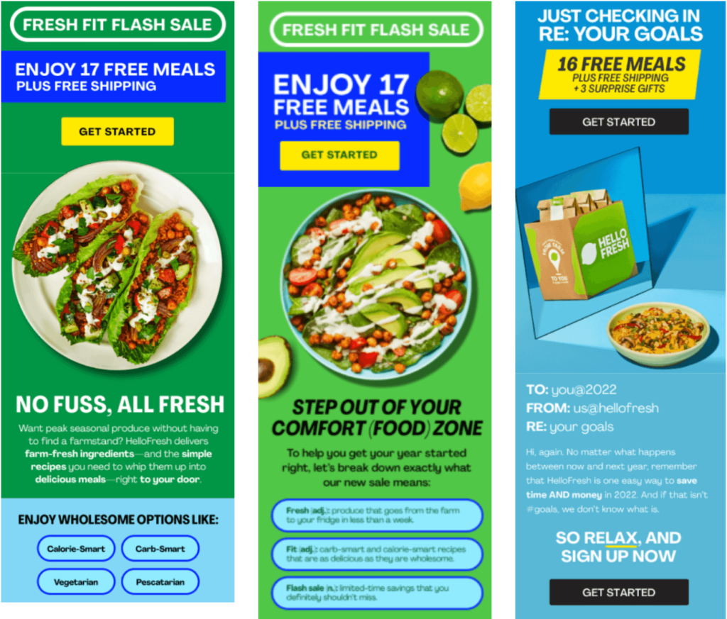 Three different email marketing campaigns from Hello Fresh.