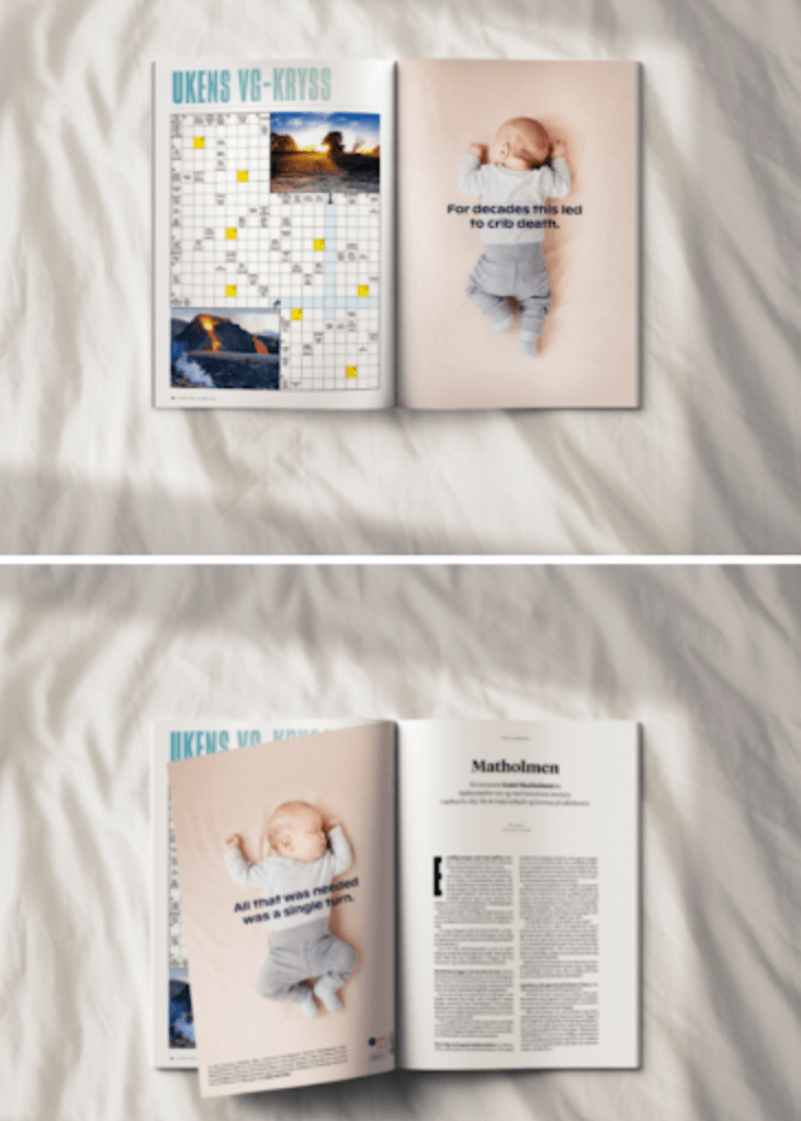 Two magazine advertising from the University of Bergen showing a baby lying on its front versus its back.