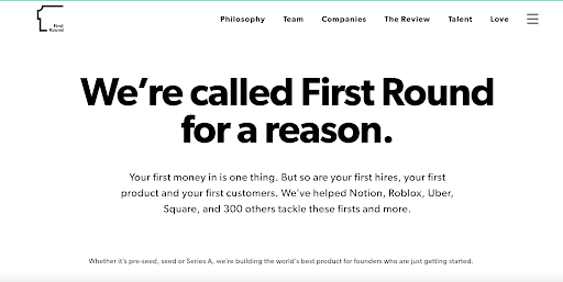 A screenshot from First Round's website, looking at the page that says "We're called First Round for a reason".